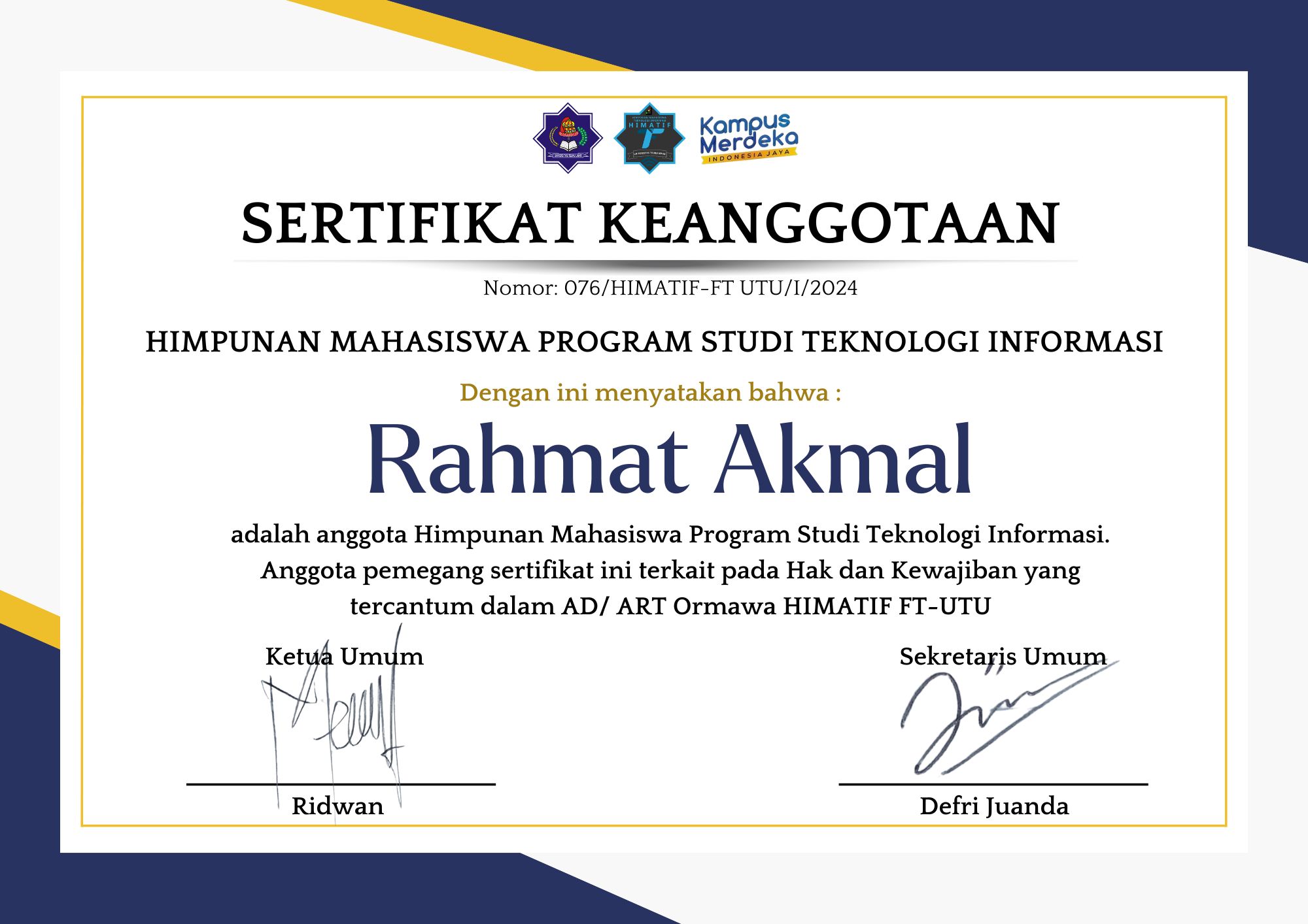 Sertifikat Keanggotaan HIMATIF